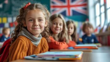 ai generado niños son sentado en un colegio salón de clases foto