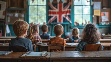 AI generated Children are sitting in a school classroom photo