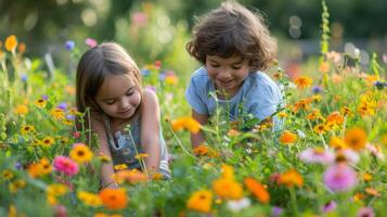 AI generated Children play in the summer sunny garden photo
