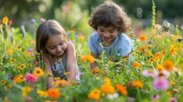 ai generado niños jugar en el verano soleado jardín foto