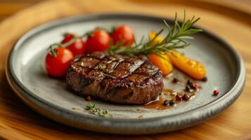 AI generated Delicious grilled beef steak with cherry tomatoes and a sprig of rosemary photo