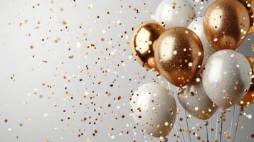 AI generated Festive background with glitter balloons, gold glitter confetti and plenty of space for text photo