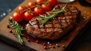 AI generated Delicious grilled beef steak with cherry tomatoes and a sprig of rosemary photo