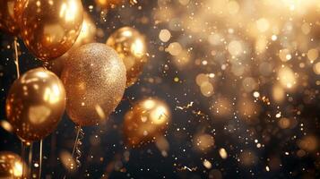 AI generated Festive background with glitter balloons, gold glitter confetti and plenty of space for text photo