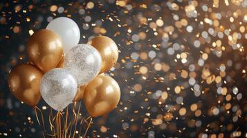 ai generado festivo antecedentes con Brillantina globos, oro Brillantina papel picado y mucho de espacio para texto foto