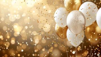 AI generated Festive background with glitter balloons, gold glitter confetti and plenty of space for text photo