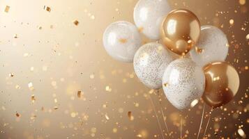 AI generated Festive background with glitter balloons, gold glitter confetti and plenty of space for text photo