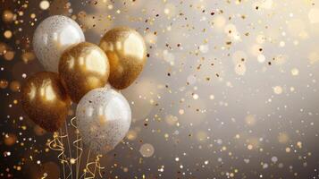 AI generated Festive background with glitter balloons, gold glitter confetti and plenty of space for text photo