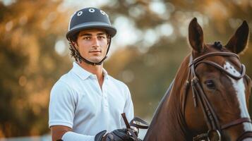 ai generado hermoso joven valiente polo jugador montando un caballo foto