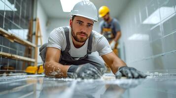 AI generated Male builders laying ceramic tiles in the bathroom photo