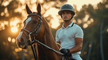 ai generado hermoso joven valiente polo jugador montando un caballo foto