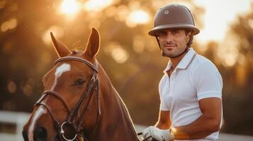 ai generado hermoso joven valiente polo jugador montando un caballo foto