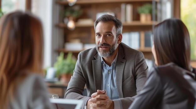 AI generated Insurance agent talking to clients in his office photo
