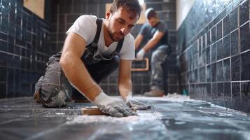 AI generated Male builders laying ceramic tiles in the bathroom photo