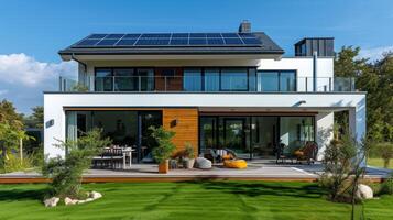 AI generated Modern English style house with solar panels on the roof photo