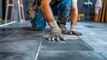 AI generated Male builders laying ceramic tiles in the bathroom photo