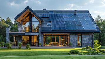 AI generated Modern English style house with solar panels on the roof photo