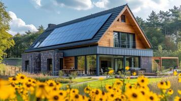 AI generated Modern English style house with solar panels on the roof photo