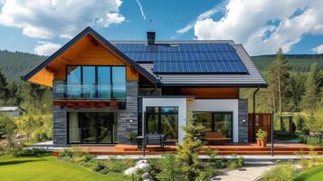 AI generated Modern English style house with solar panels on the roof photo