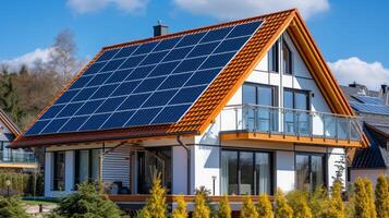 AI generated Modern English style house with solar panels on the roof photo