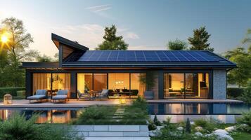 AI generated Modern English style house with solar panels on the roof photo