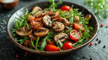 ai generado ensalada de frito hongos, Rúcula y Cereza Tomates foto