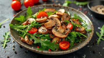 ai generado ensalada de frito hongos, Rúcula y Cereza Tomates foto