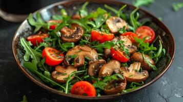 ai generado ensalada de frito hongos, Rúcula y Cereza Tomates foto