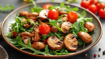 ai generado ensalada de frito hongos, Rúcula y Cereza Tomates foto