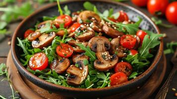 ai generado ensalada de frito hongos, Rúcula y Cereza Tomates foto