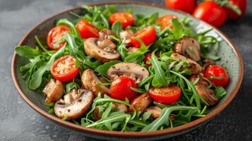 ai generado ensalada de frito hongos, Rúcula y Cereza Tomates foto