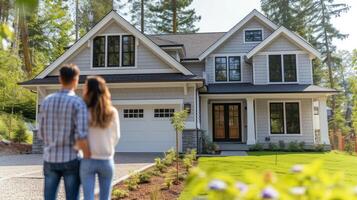 AI generated Realtor shows classic American house to young couple buyers photo