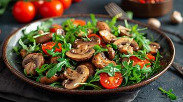 ai generado ensalada de frito hongos, Rúcula y Cereza Tomates foto