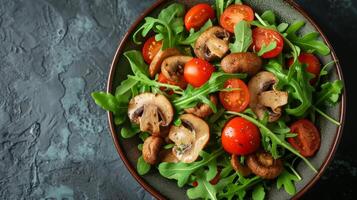 ai generado ensalada de frito hongos, Rúcula y Cereza Tomates foto