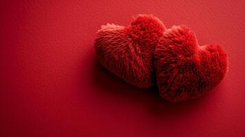 AI generated Two red plush hearts on a minimalistic red background with plenty of space for text photo