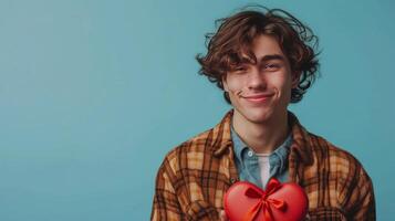 AI generated Young handsome guy holding a red heart-shaped box with a bow in his hand photo