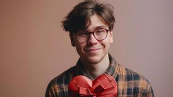 AI generated Young handsome guy holding a red heart-shaped box with a bow in his hand photo