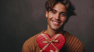 AI generated Young handsome guy holding a red heart-shaped box with a bow in his hand photo