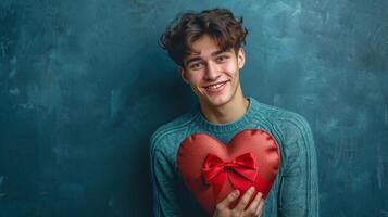 ai generado joven hermoso chico participación un rojo en forma de corazon caja con un arco en su mano foto