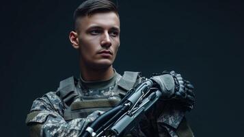 AI generated Young handsome military man with bionic prosthetic arm photo