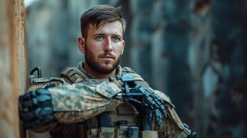 AI generated Young handsome military man with bionic prosthetic arm photo