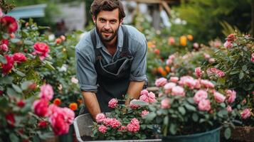 ai generado joven hermoso hombre jardinero rollos rosas en ollas en un carretilla foto