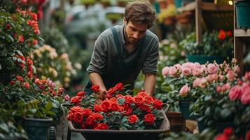 ai generado joven hermoso hombre jardinero rollos rosas en ollas en un carretilla foto