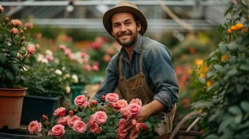 AI generated Young handsome man Gardener rolls roses in pots in a wheelbarrow photo