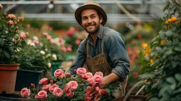 ai generado joven hermoso hombre jardinero rollos rosas en ollas en un carretilla foto