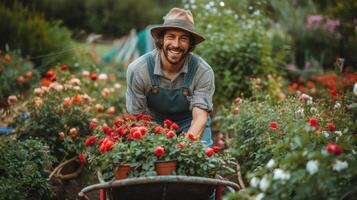 AI generated Young handsome man Gardener rolls roses in pots in a wheelbarrow photo