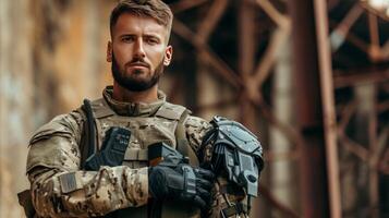 AI generated Young handsome military man with bionic prosthetic arm photo