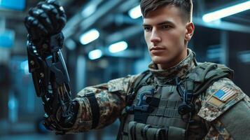 AI generated Young handsome military man with bionic prosthetic arm photo