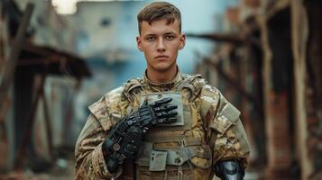 AI generated Young handsome military man with bionic prosthetic arm photo