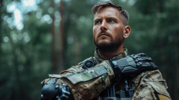 ai generado joven hermoso militar hombre con biónico protésico brazo foto